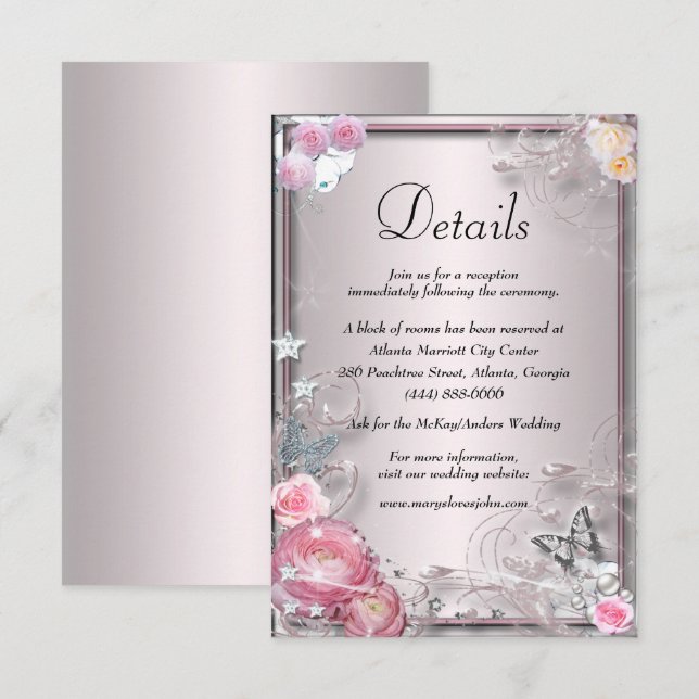 Tarjeta De Recepción Detalles Del Boda Floral Y Mariposa Rosa (Anverso / Reverso)
