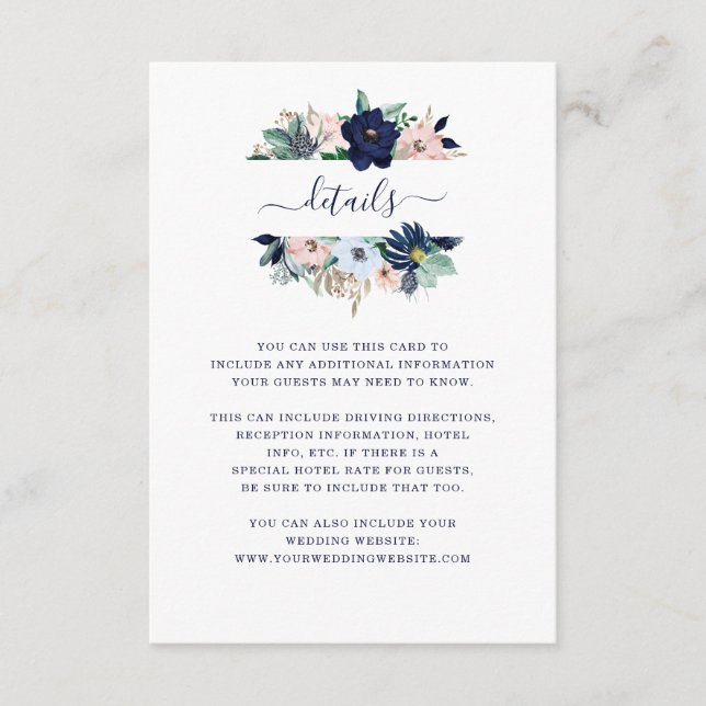 Tarjeta De Recepción Detalles del boda | Flores y bandas náuticas (Anverso)