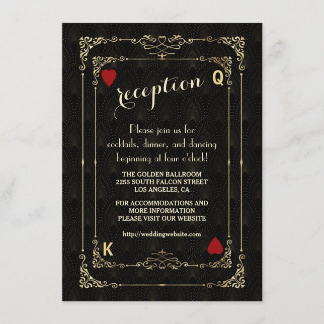 Tarjeta De Recepción Detalles del Boda Flourish Gold Art Deco Casino (Anverso)