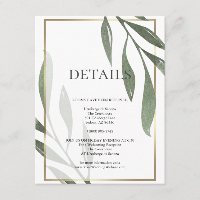 Tarjeta De Recepción DETALLES DEL boda | Foliage de aceitunas verdes de (Anverso)
