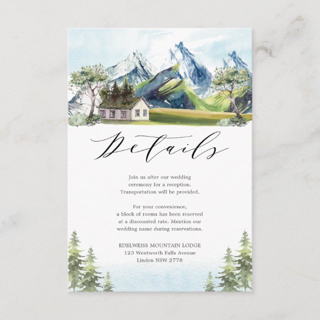 Tarjeta De Recepción Detalles del Boda Forestal Alpes Mountain Landscap (Anverso)