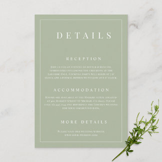 Tarjeta De Recepción Detalles del Boda formal simple de Sage Green