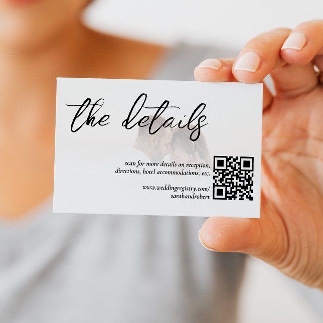 Tarjeta De Recepción Detalles del Boda fotográfico de código QR elegant (White Elegant QR Code Photo Wedding Details Enclosure Card)