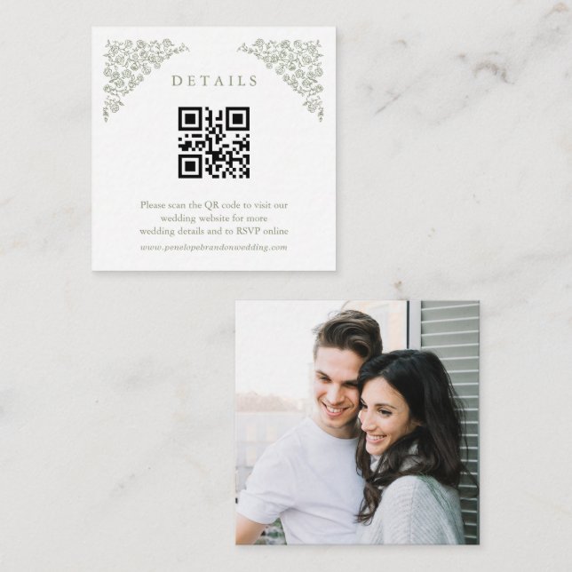 Tarjeta De Recepción Detalles del Boda fotográfico verde Sage, sin tiem (Anverso / Reverso)