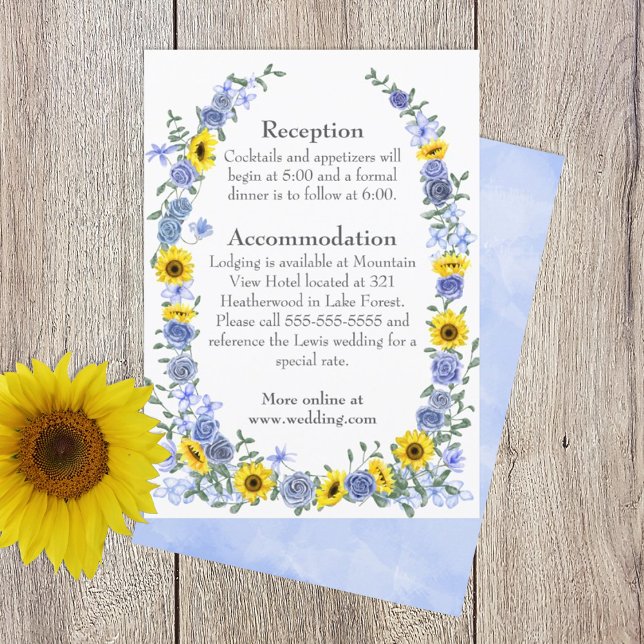Tarjeta De Recepción Detalles del Boda fronterizo de girasoles, Rosa az (yellow sunflowers dusty blue wedding details enclosure card)