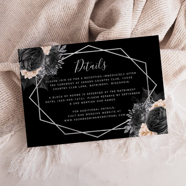 Tarjeta De Recepción Detalles del Boda Geo Negro Floral Silver Peach (Subido por el creador)