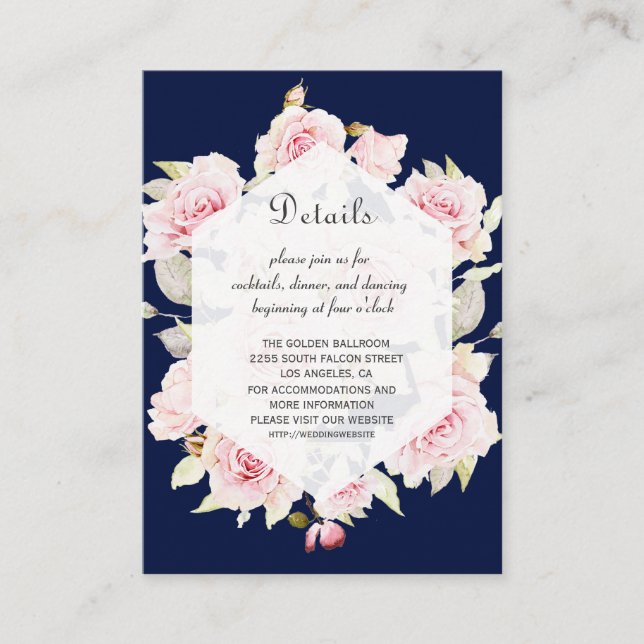 Tarjeta De Recepción Detalles del Boda Geométrico Azul de la Marina Flo (Anverso)