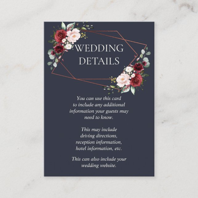 Tarjeta De Recepción Detalles del Boda Geométrico Burgundy Blue de Cobr (Anverso)