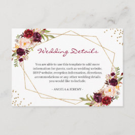 Tarjeta De Recepción Detalles del Boda Geométrico Burgundy Red Floral G