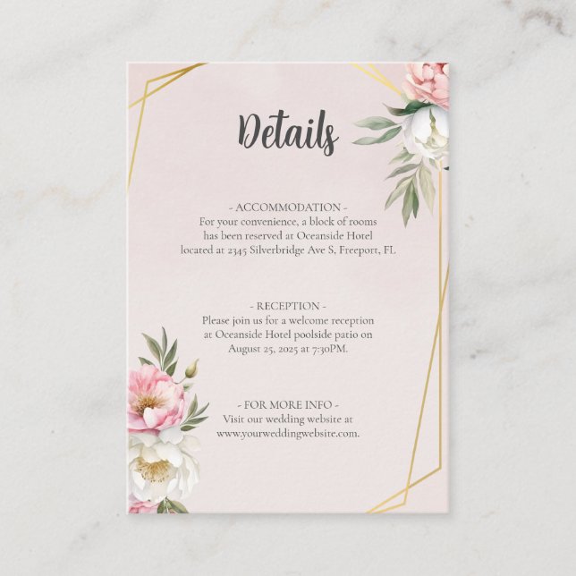 Tarjeta De Recepción Detalles del Boda Geométrico de Peony de acuarela  (Anverso)