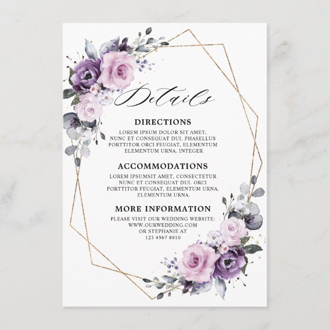 Tarjeta De Recepción Detalles del Boda geométrico Dusty Purple Blooms (Anverso)