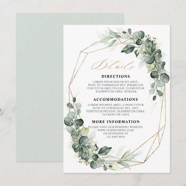 Tarjeta De Recepción Detalles del Boda geométrico Eucalyptus Greenery (Anverso / Reverso)