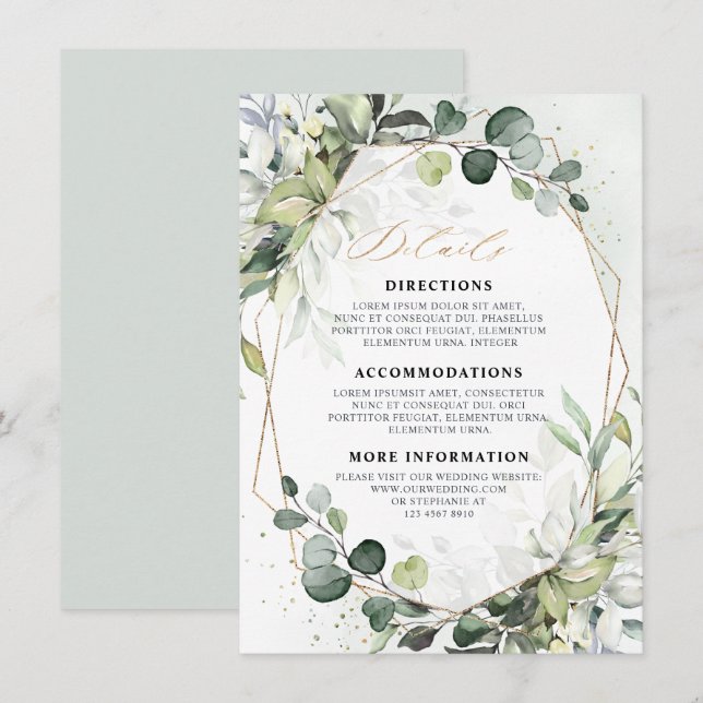 Tarjeta De Recepción Detalles del Boda geométrico Eucalyptus Sage Green (Anverso / Reverso)