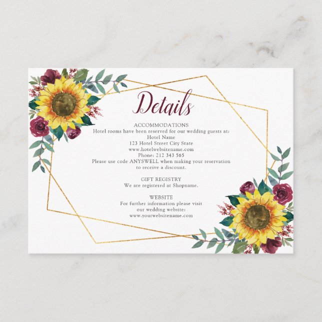 Tarjeta De Recepción Detalles del Boda geométrico floral de girasol (Anverso)