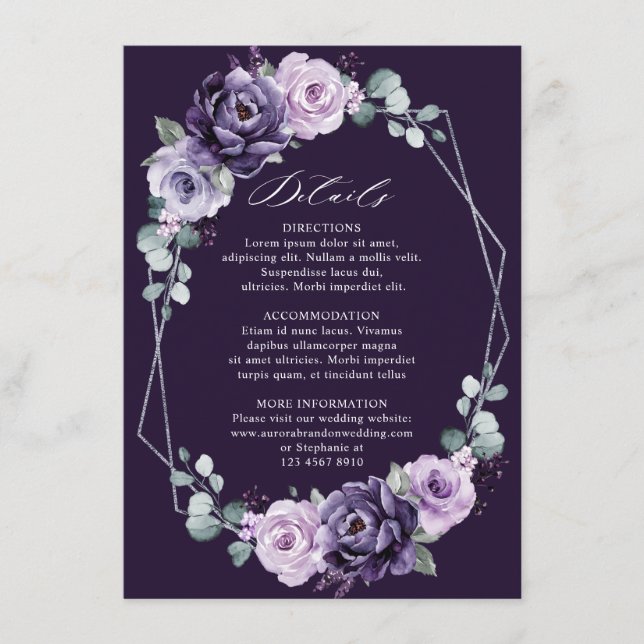 Tarjeta De Recepción Detalles Del Boda Geométrico Floral De Plata Púrpu (Anverso)
