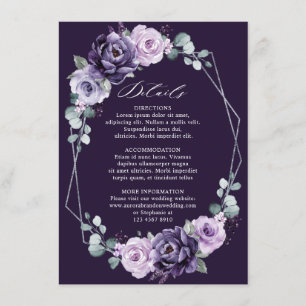 Tarjeta De Recepción Detalles Del Boda Geométrico Floral De Plata Púrpu