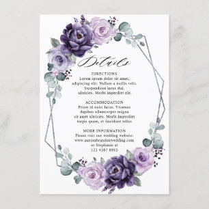 Tarjeta De Recepción Detalles del Boda Geométrico Floral de Plata Púrpu