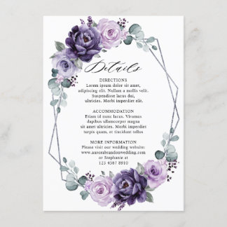 Tarjeta De Recepción Detalles del Boda Geométrico Floral de Plata Púrpu