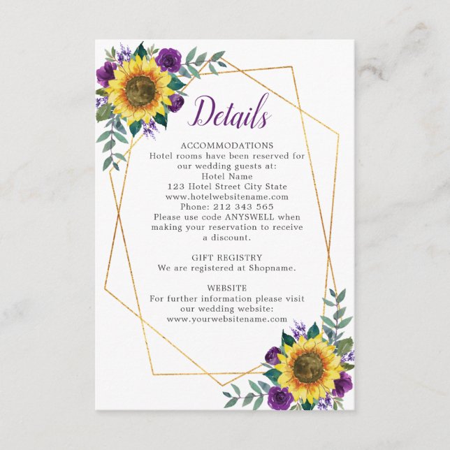 Tarjeta De Recepción Detalles del Boda geométrico floral morado de gira (Anverso)