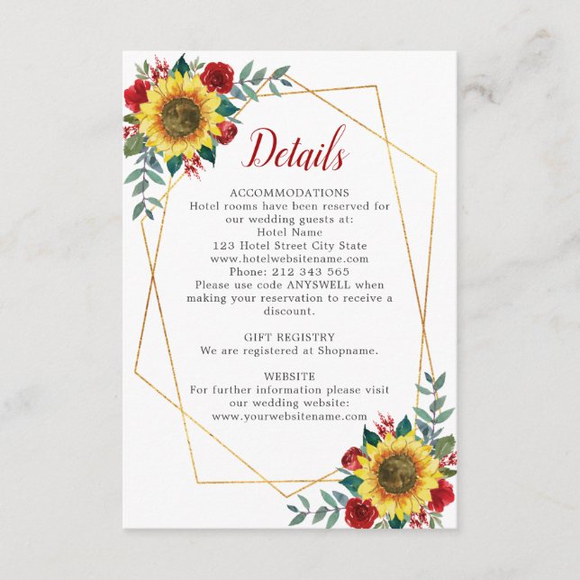 Tarjeta De Recepción Detalles del Boda geométrico floral rojo girasol (Anverso)