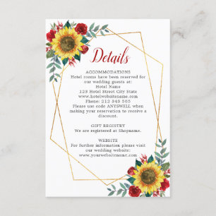 Tarjeta De Recepción Detalles del Boda geométrico floral rojo girasol