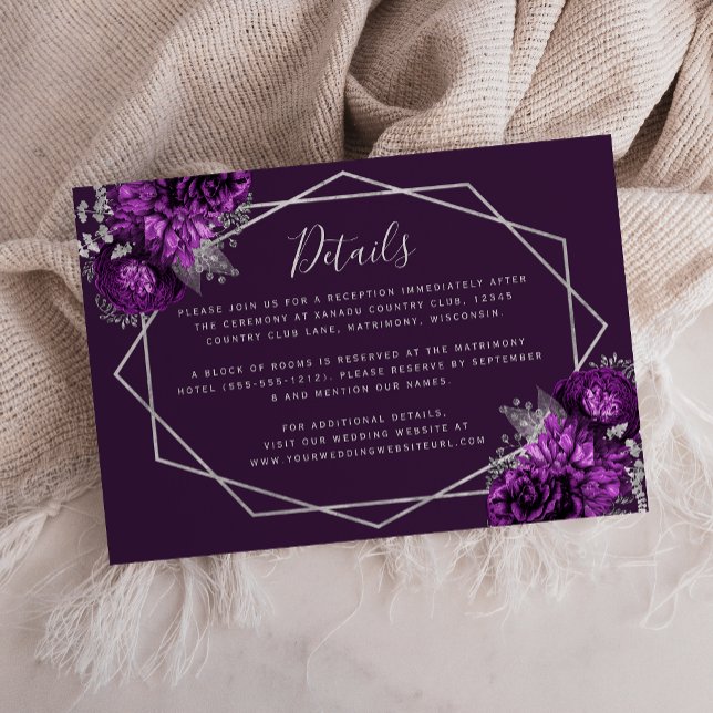 Tarjeta De Recepción Detalles del Boda Geométrico Purple Floral Silver (Subido por el creador)