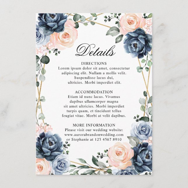 Tarjeta De Recepción Detalles del Boda geométrico Rubor Dusty Blue Peac (Anverso)