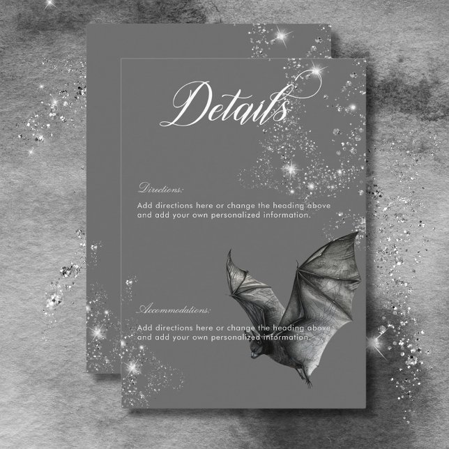 Tarjeta De Recepción Detalles del Boda Glam Bat & Diamonds de Halloween (Dark Halloween Glam Bat & Diamonds Wedding Details Enclosure Card)