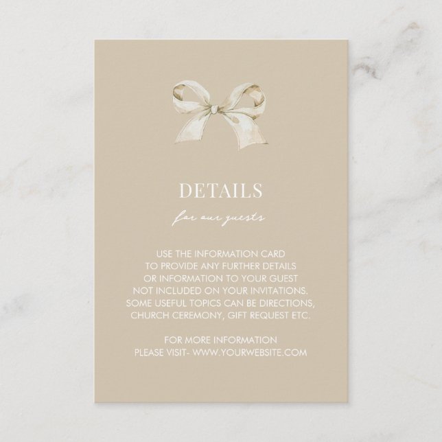 Tarjeta De Recepción Detalles del Boda Gold Coquette Bow (Anverso)