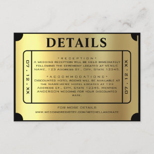 Tarjeta De Recepción Detalles del Boda Golden Ticket Black & Gold