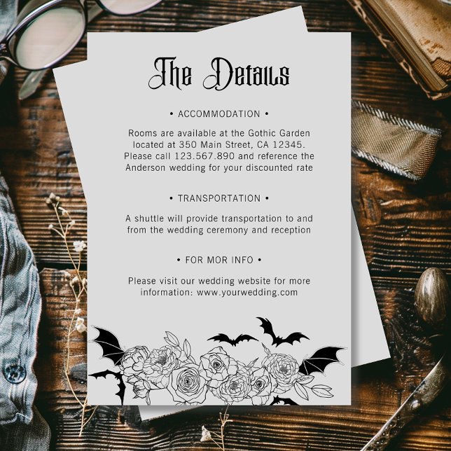 Tarjeta De Recepción Detalles del Boda Gótico Botánico Gris Boho (Subido por el creador)