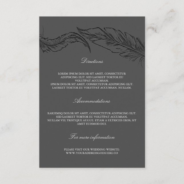 Tarjeta De Recepción Detalles del Boda Gray Elegant Feathers (Anverso)