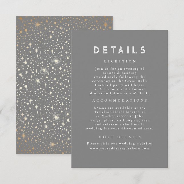 Tarjeta De Recepción Detalles del Boda Gris Celestial de Noche Starry (Anverso / Reverso)