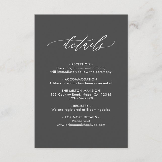 Tarjeta De Recepción Detalles del Boda gris de caligrafía simple elegan (Anverso)