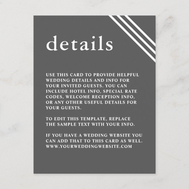 Tarjeta De Recepción Detalles del Boda gris elegante y moderno (Anverso)