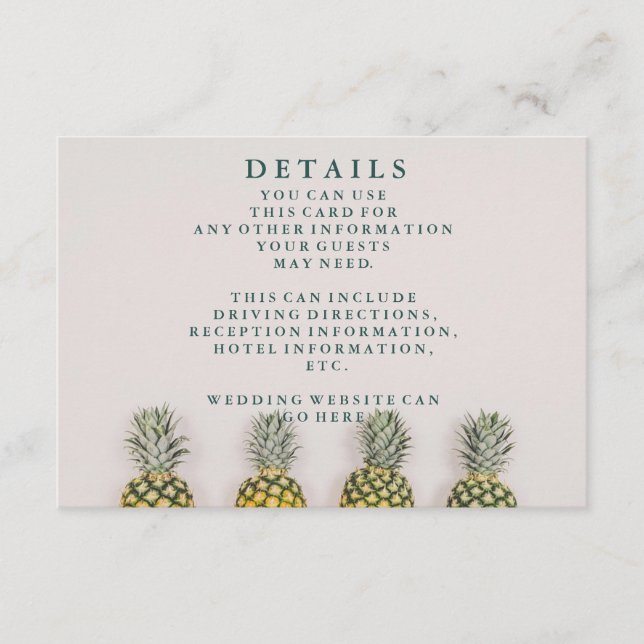 Tarjeta De Recepción Detalles del Boda hawaiano de piña con hojas tropi (Anverso)