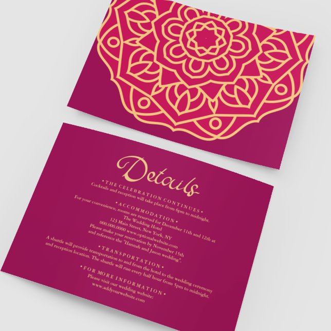 Tarjeta De Recepción Detalles del Boda indio Gold Magenta Mandala (Gold Magenta Mandala Indian Wedding Details Enclosure Card
)