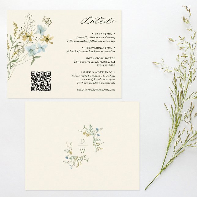 Tarjeta De Recepción Detalles del Boda Ivory Delicate Wildflower (Front & Back)