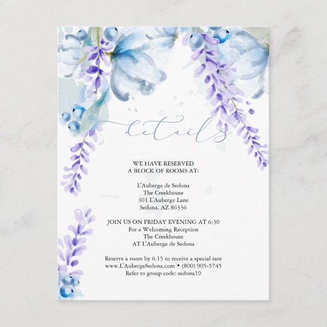 Tarjeta De Recepción DETALLES DEL boda | Lavender Dusty Blue Floral (Anverso)