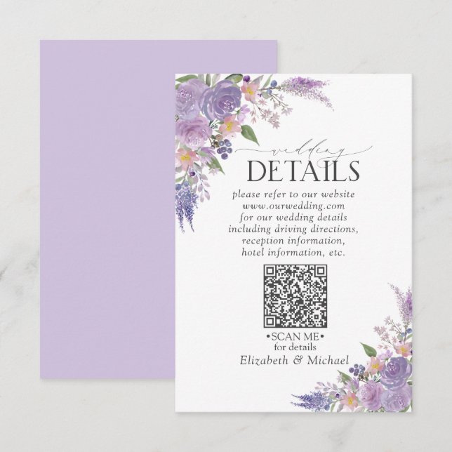Tarjeta De Recepción Detalles del Boda Lilac Lavender Mauve Floral QRCo (Anverso / Reverso)