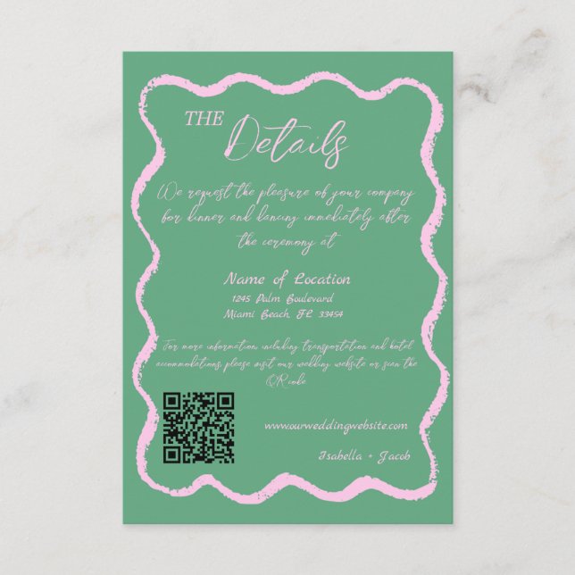 Tarjeta De Recepción Detalles del Boda manuscrito verde rosado retro (Anverso)