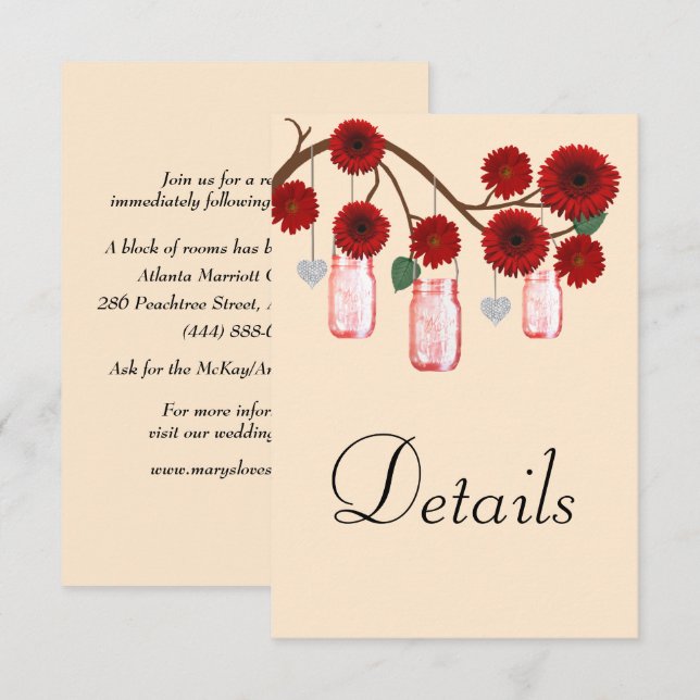 Tarjeta De Recepción Detalles del Boda Mason de Floral Roja Jars (Anverso / Reverso)