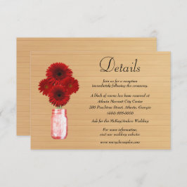Tarjeta De Recepción Detalles del Boda Mason Jar, floral roja de madera