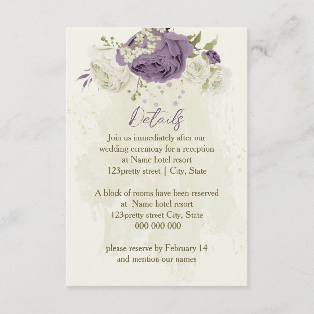 Tarjeta De Recepción detalles del boda mauve de flores blancas verdes (Anverso)