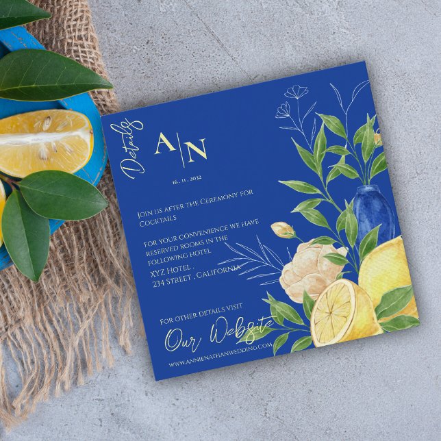 Tarjeta De Recepción Detalles del Boda mediterráneo Blue Floral Lemon (Blue Floral Lemon Mediterranean Wedding Details Enclosure Card)