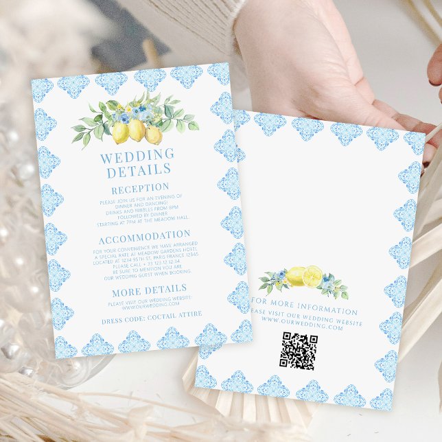 Tarjeta De Recepción Detalles del Boda mediterráneo Blue Tile Lemon (Subido por el creador)