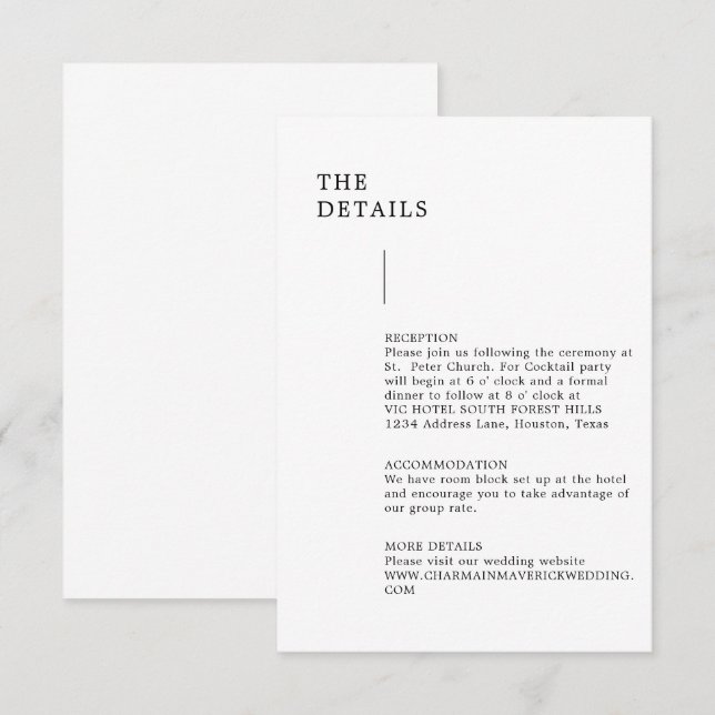 Tarjeta De Recepción Detalles del Boda Minimalista moderno (Anverso / Reverso)