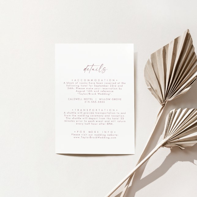 Tarjeta De Recepción Detalles del Boda mínimo del guión oro Rosa modern (Modern Rose Gold Script Minimal Wedding Details Enclosure Card)