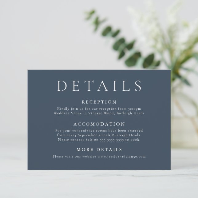 Tarjeta De Recepción Detalles del Boda mínimo moderno azul marino (Anverso de pie)