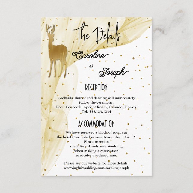 Tarjeta De Recepción Detalles del Boda moda Gold Deer & Confetti (Anverso)
